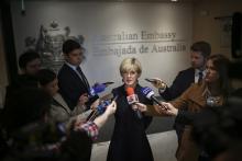 Foreign Minister Julie Bishop speaking to Colombian media following the inauguration of the Australian Embassy in Bogota, 27 June 2017.