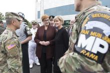 Foreign Minister, Julie Bishop and Defence Minister, Marise Payne speaking with Colonel Steve Lee, Chief of United Nations Command Military Armistice Commission (UNCMAC) Secretariat