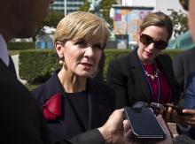 Australian Foreign Minister Julie Bishop speaks to the media in the Rose Garden at UN Headquarters in New York, Friday Sept. 25, 2015. photo by Trevor Collens/DFAT