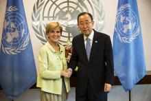 Foreign Minister Julie Bishop meets with UN Secretary General Ban Ki-moon at UN Headquarters in New York, Thursday 24 Sept, 2015. photo by Trevor Collens