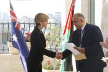 Foreign Minister Julie Bishop greets Mr Qais Khalil, Australia Awards alumnus, at the Australian Representative Office in Ramallah. [Photo: Jamal Arouri]