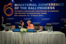 23 March 2016, Bali, Indonesia:  (center left to right) Co-chairs, Indonesian Foreign Minister Ms Retno Marsudi and Foreign Minister Julie Bishop, before the start of the 6th Ministerial Conference of the Bali Process.