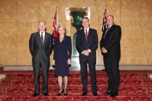 UK Foreign Secretary William Hague, Australian Foreign Minister Julie Bishop, UK Defence Secretary Philip Hammond and Australian Defence Minister David Johnston arrive at Lancaster House, London for the 2014 AUKMIN talks. 11 March, 2014.