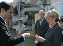Senior executives from Kawasaki Heavy Industries showing models of new products to the Hon Julie Bishop MP, Minister for Foreign Affairs, and HE Mr Bruce Miller, Australian Ambassador to Japan.