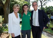 Foreign Minister Julie Bishop, Football Federation CEO David Gallop and Matilda player Chloe Logarzo at the launch of the Asia Sports Partnership Program